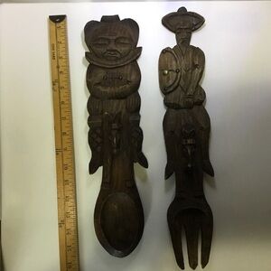 Vintage Don Quixote Wood Carved Spoon and Fork Sancho Panza Spanish Wall Decor